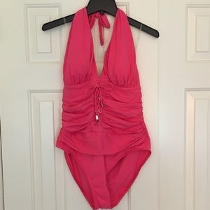 Halter bathing suit with shirred waist detail